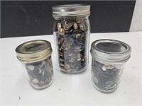 3 Ball Jars of Vintage  Buttons