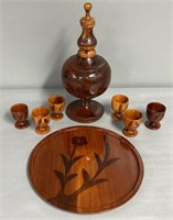 Turned Wood Decanter; Cups & Tray Set