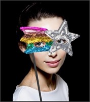 8" Sequin Mask with Stick- Silver & Rainbow Colors