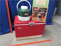 vintage red coleman cooler & green jug in box