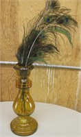 Yellow Tiered Glass vase w/Peacock Feathers