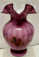 Fenton Sweetbriar on Plum Overlay Vase. 7" Tall