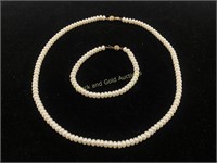 Marked 14K Gold Clasp Pearl Necklace & Bracelet