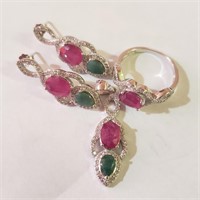 $650 Silver Rhodium Plated Emerald Ruby(6ct) Set