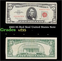 1963 $5 Red Seal United States Note Grades vf++