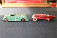 2 steel antique toy cars each missing a wheel