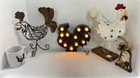 Rooster decor such as lighted metal rooster,