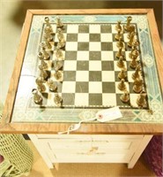 Tile top chess set with brass and pewter pieces