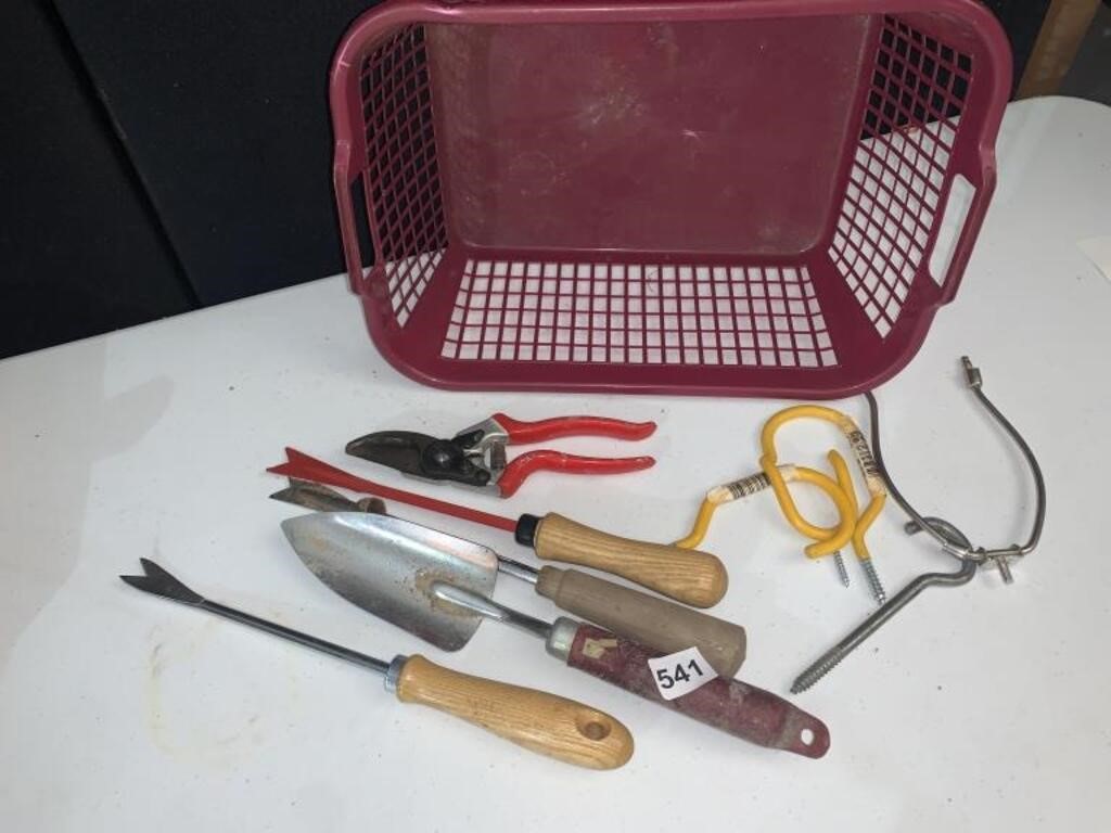 ASSORTED TOOLS, HOOKS, AND BASKET
