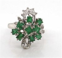 14ct white gold, emerald and diamond cluster ring