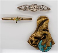 Antique gold brooch, a dress clip & Celtic brooch