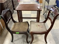 Sewing machine table and 2 antique chairs