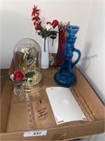 Clock & glass vases, and picture frame.