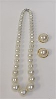 Large Graduated Pearl Strand with Clip Earrings