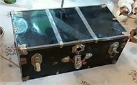 Black metal foot locker with tray, 30"×12"