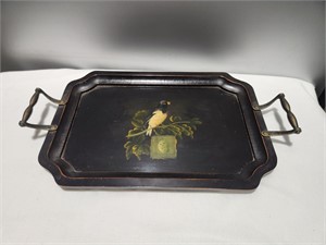 Wood Tray with Painted Bird & Metal Handles