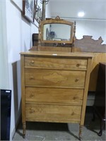 ANTIQUE WOODEN 4 DRAWER TALL CHEST W/MIRROR