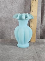 BLUE SATIN ART GLASS VASE WITH RUFFLED RIM 5.5"