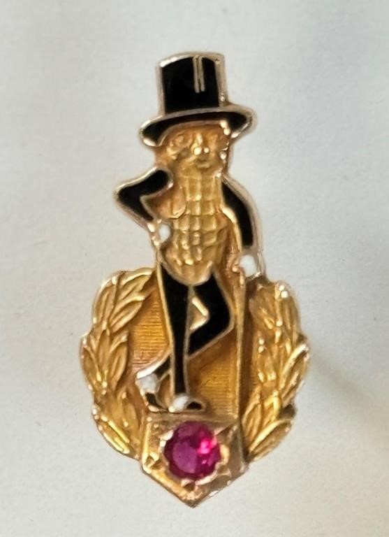 UNIQUE 14K GOLD ENAMELLED PIN - MR. PEANUT