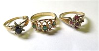3 10k gold rings with diamonds, emerald (7.5),
