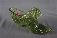 Fenton Glass Green Hobnail Cat Slipper