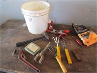 BUCKET FULL OF TOOLS, CLAMPS, GARDEN TOOLS,