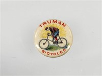 EARLY CELLULOID TRUMAN BICYCLES ADV. BUTTON