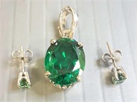 14k white gold pendant with green stone & pair