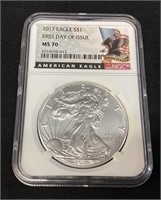 2017 SILVER AMERICAN EAGLE, 1st DAY STRIKE MS70