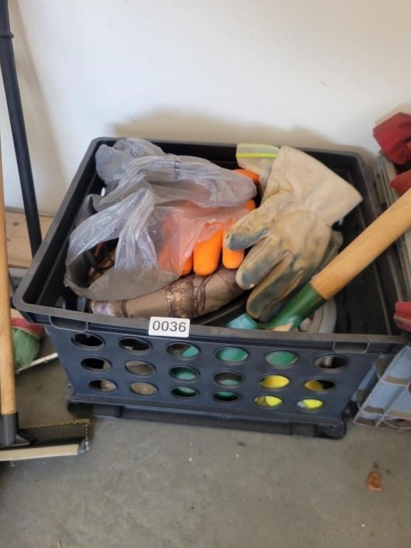 Crate w/ Gloves, Camo Seat, Garden Tools