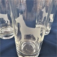 4 CLEAR DRINKING GLASSES ETCHED DOBERMAN DOG
