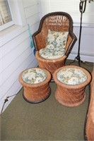 Bamboo chair with armrest, 2 stools and