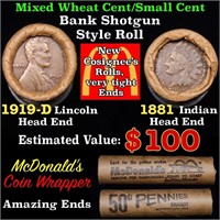 Mixed small cents 1c orig shotgun roll, 1919-d Whe