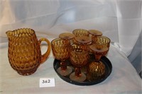 AMBER PITCHER & 8 TUMBLERS W/ TRAY