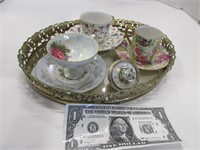 Vintage mirror, tray, tea cups & more