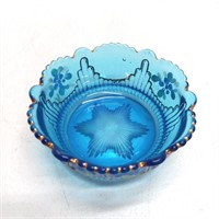 Vintage blue glass hand painted dessert bowl (E)
