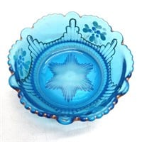 Vintage blue glass hand painted dessert bowl (D)
