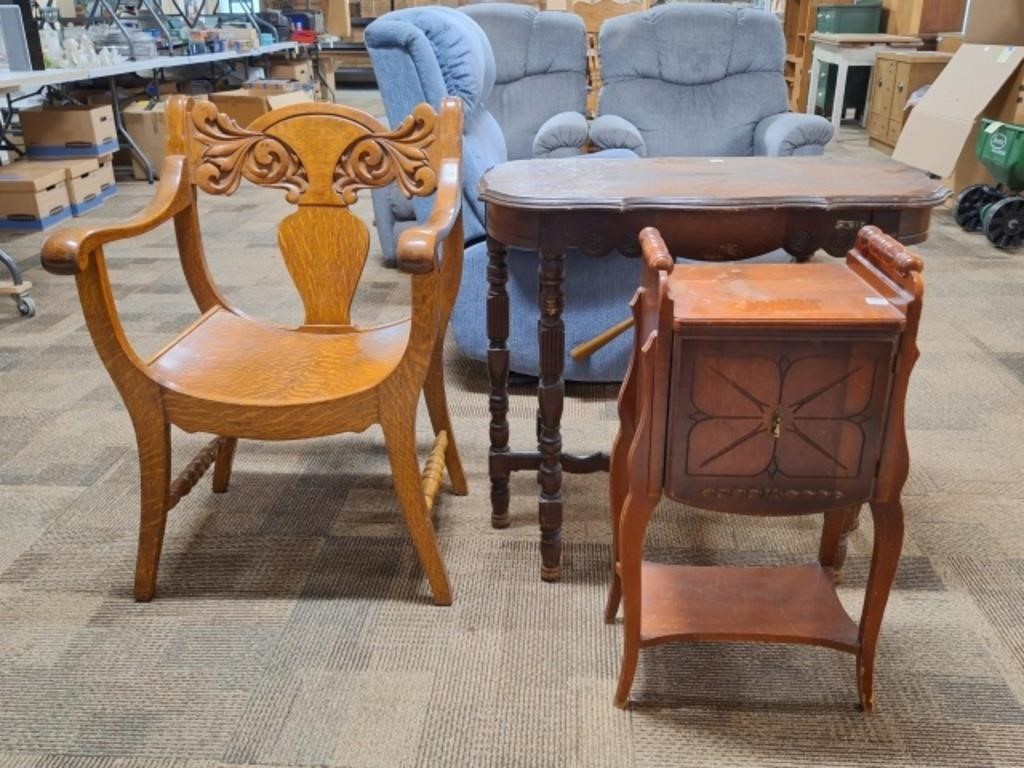 Antique Oak Chair, 6 Leg Mersman Table, Smoking