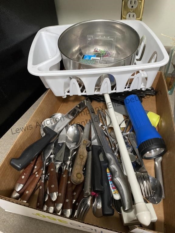 Box of knives, spoons forks dish rack and more