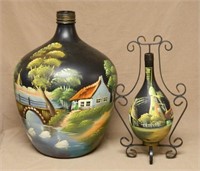 Painted Glass Wine Carboy and Jug.