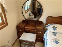 Antique Vanity w/Round Mirror & Bench