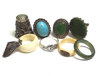 7 Vintage Rings - Sterling, Jade & more