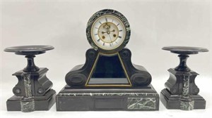 French Slate & Marble Mantle Clock & Candle