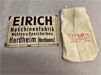 Metal Eirich Sign & Detroit Tap & Tool Co. Bag