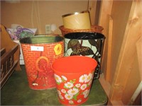 4 metal and 1 wicker trash can