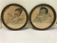 Vintage Round Framed Prints of Babies by Bessie