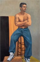 Penny Purpura Man Wearing Blue Jeans Oil on Canvas
