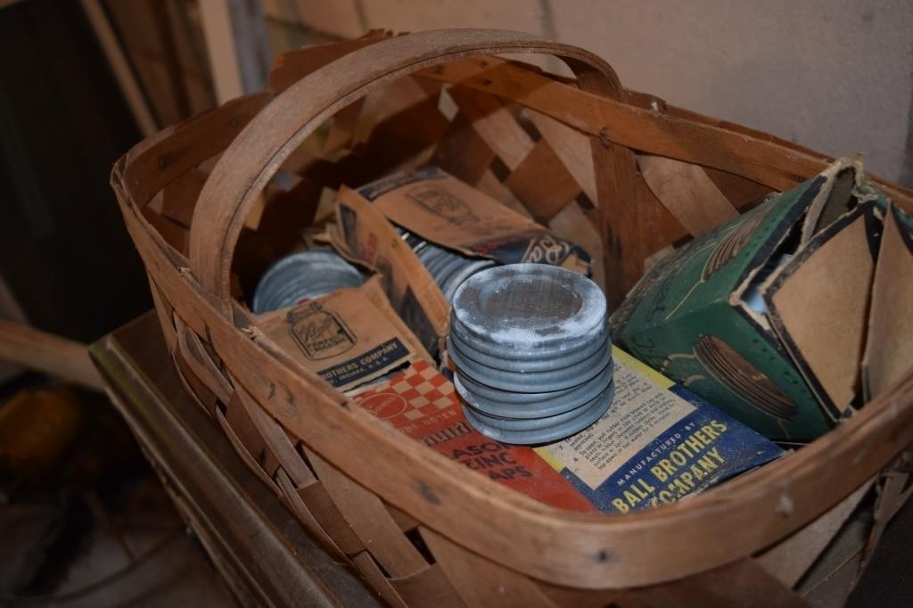 Basket of Antique Metal Lids