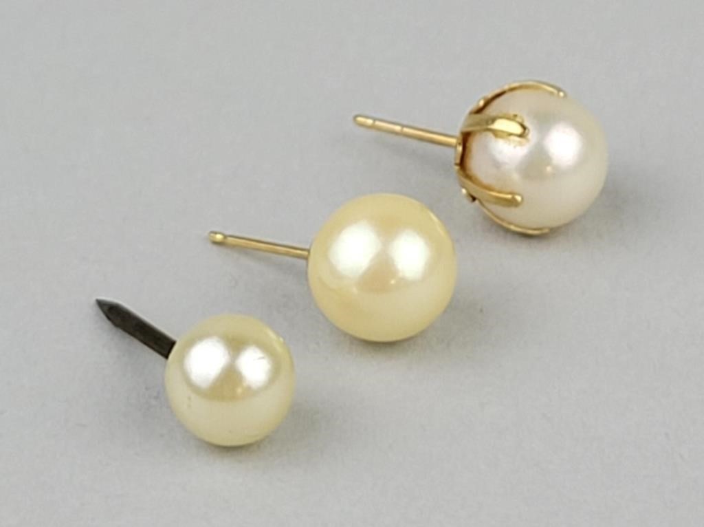 3 Single Pearl Earrings.