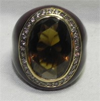 Designer SS Enamel, Crystals ^ Brown Stone Ring